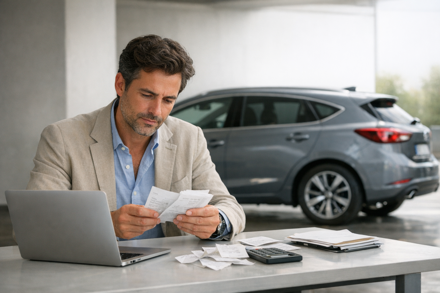 Autónomo revisando deducción del coche autónomos junto a su vehículo